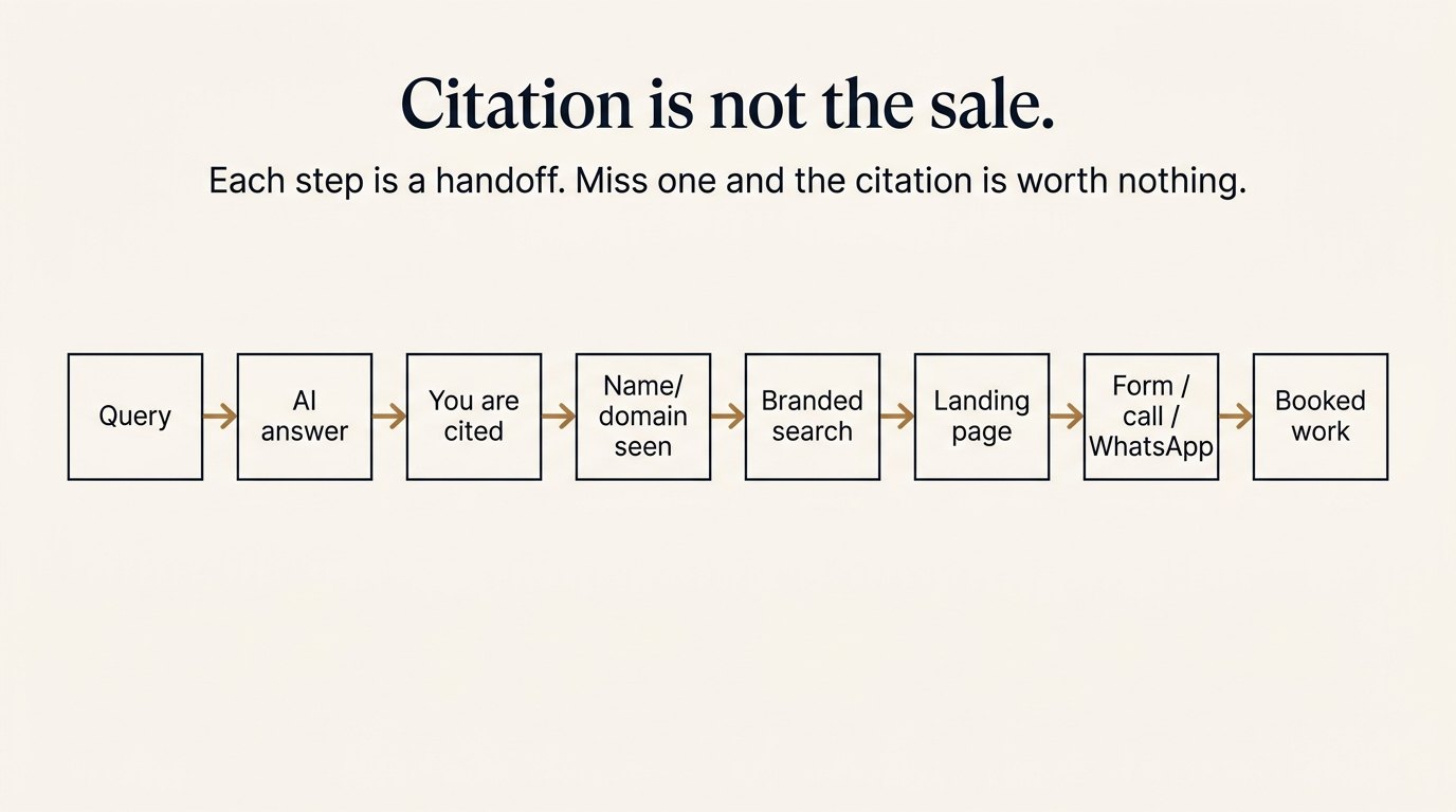 AI answer funnel from query and citation to a booked call.