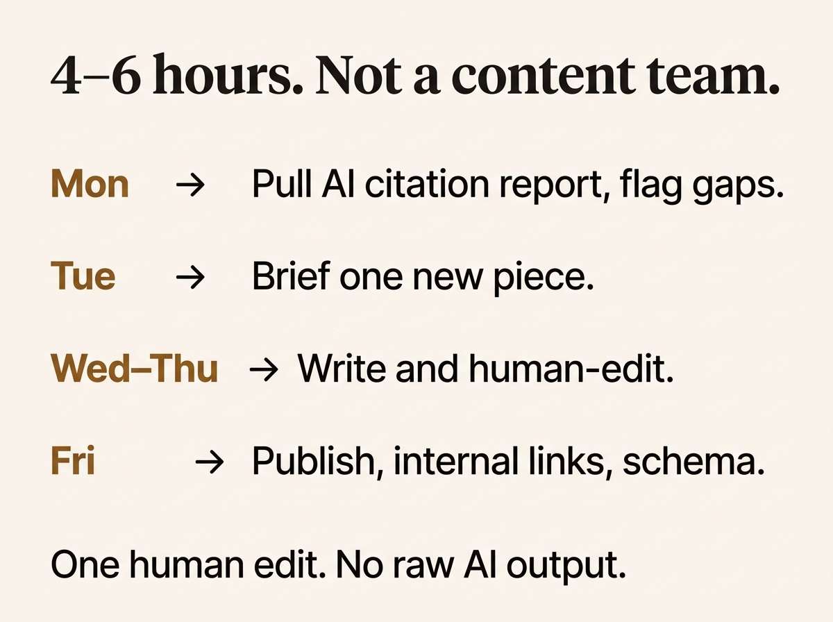 A 4–6 hour weekly AI SEO workflow.