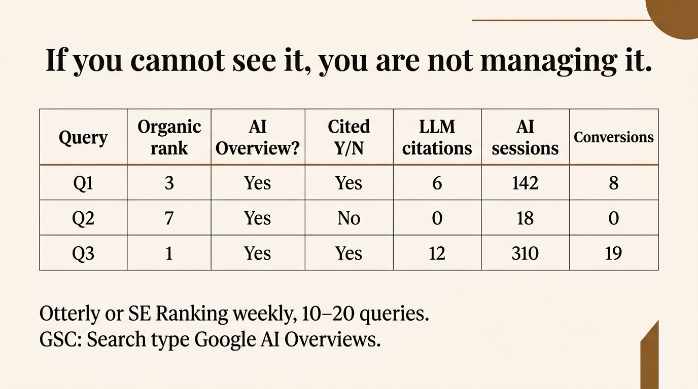 AI visibility dashboard: rank, AI Overview, citations, sessions, conversions.