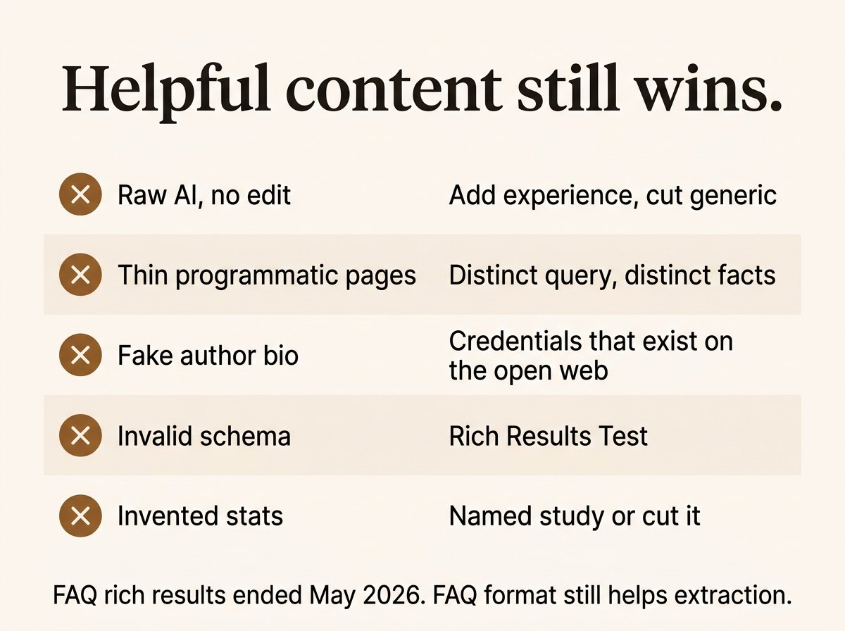 AI SEO pitfalls: raw AI, thin pages, fake bios, bad schema, invented stats.