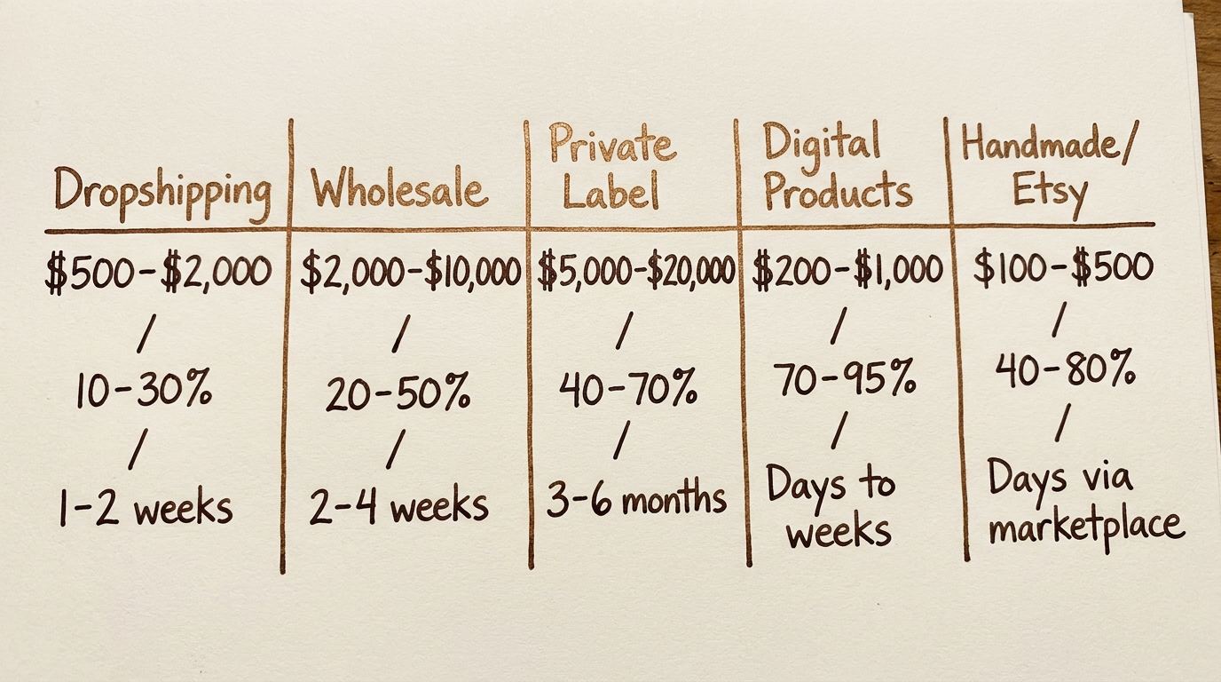 Ecommerce models compared by startup cost, gross margin, and time to first sale.