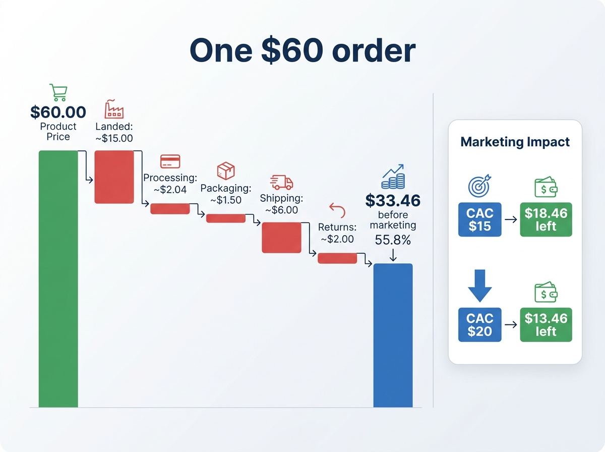 Unit economics waterfall for a $60 physical product.