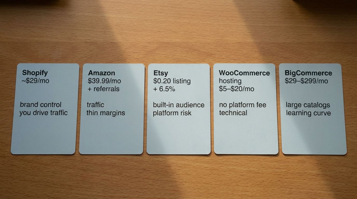Shopify, Amazon, Etsy, WooCommerce, and BigCommerce compared.