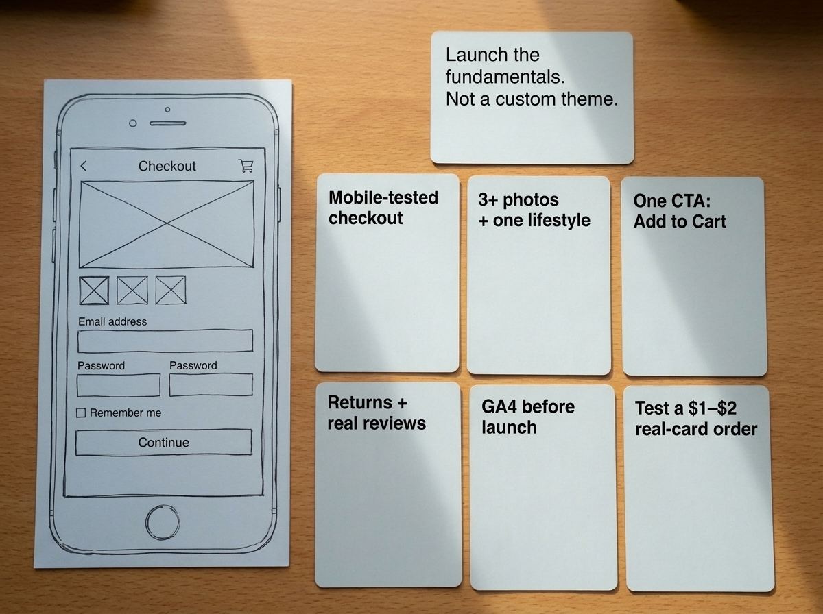 MVP store launch checklist — product page, trust, shipping, analytics, test checkout.