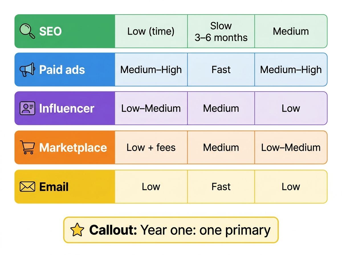 Acquisition channels by cost, speed to sale, and skill required.