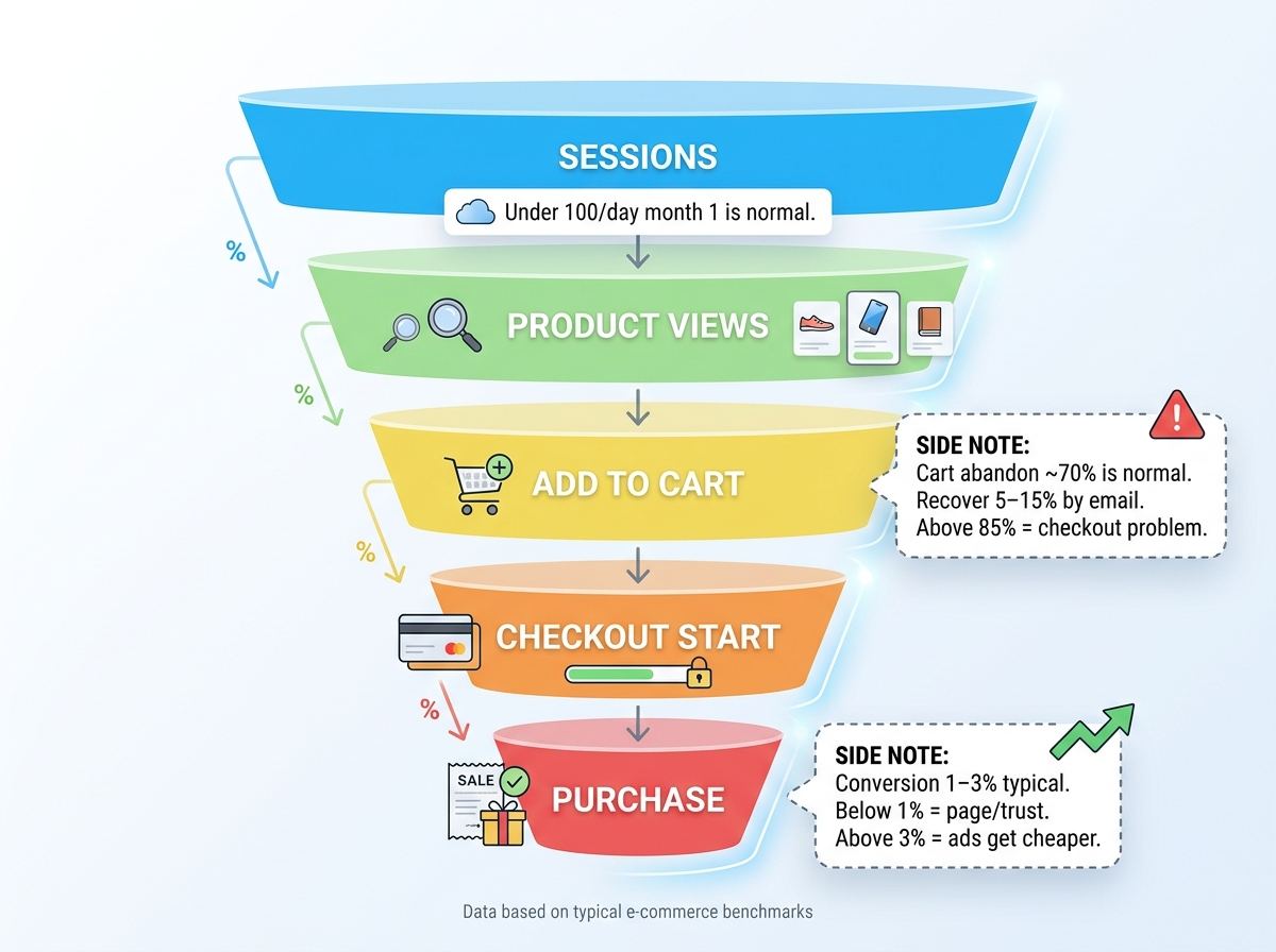 Simple funnel: sessions, product views, add to cart, checkout, purchase.