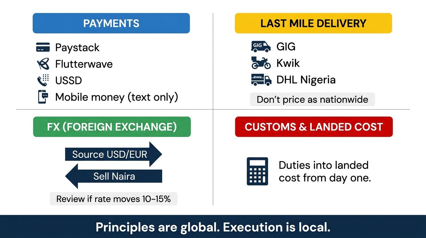 Nigeria and emerging-market notes: payments, FX, last-mile, customs.